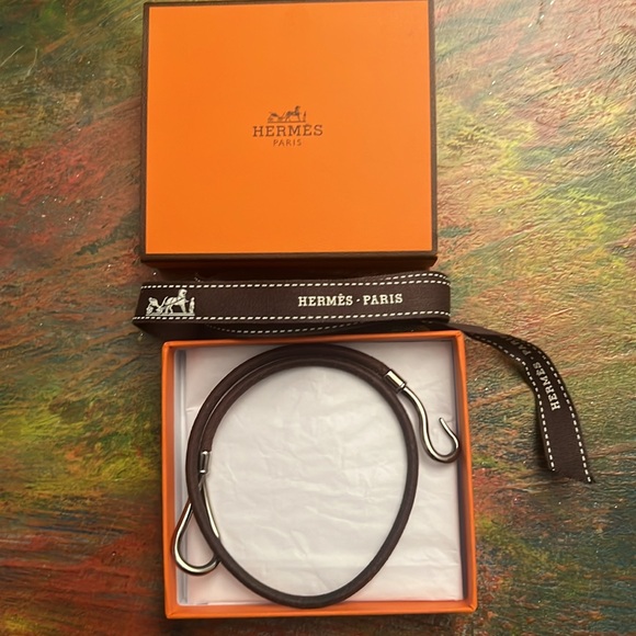 Hermes Hook Bracelet Jumbo Metal Logo Silver Color Brown Leather Chocker 15" - Picture 4 of 13
